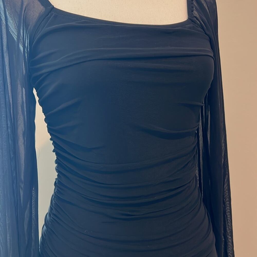 NEW Square Neck Long Sleeve Mini Ruched Bodycon Dress Stretch Cocktail Small S - Picture 5 of 16